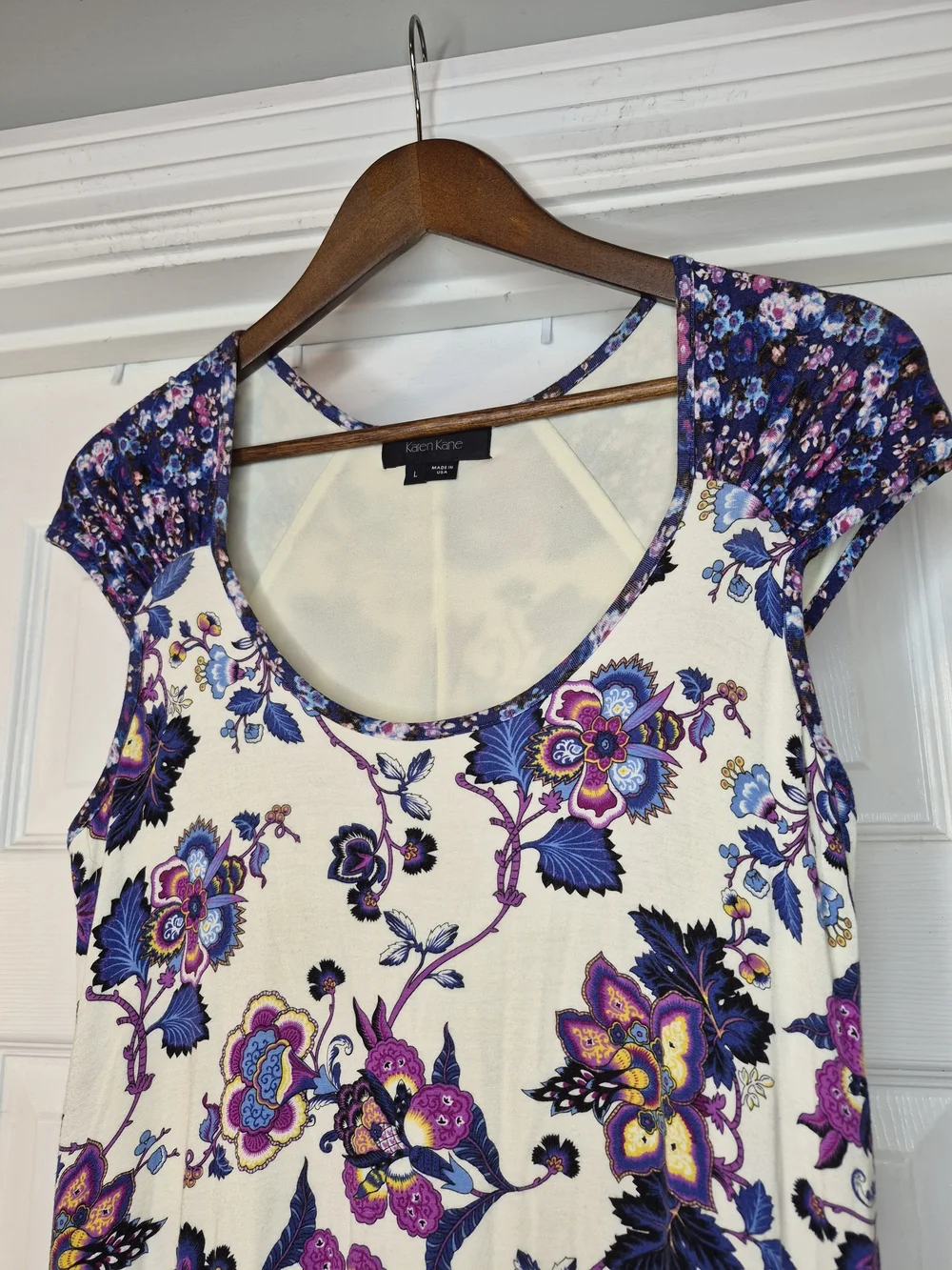 Karen Kane Cream Midi Dress with Purple Floral Print Large